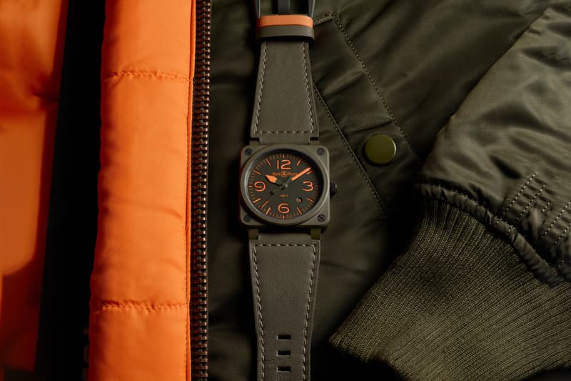 Bell & Ross BR03-92 MA-1 Bomber Flight Jacket Inspired Watch Reversible Strap Khaki Ceramic Orange Super Luminova US military camouflage SOS signal Pilot Timepiece Release Date Closer Look Information Drop Pricing Where To Buy Cop Now