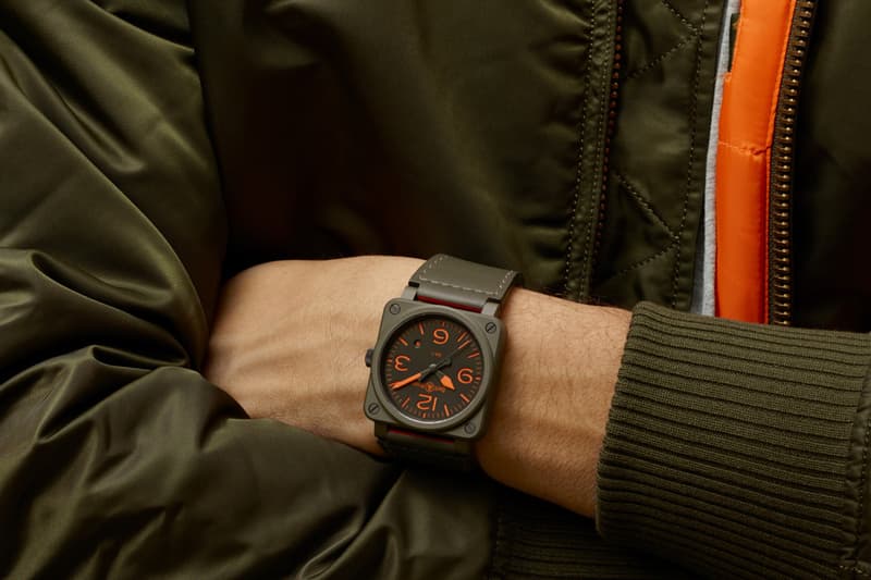 Bell & Ross BR03-92 MA-1 Bomber Flight Jacket Inspired Watch Reversible Strap Khaki Ceramic Orange Super Luminova US military camouflage SOS signal Pilot Timepiece Release Date Closer Look Information Drop Pricing Where To Buy Cop Now