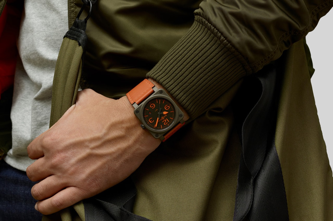 Bell & Ross BR03-92 MA-1 Bomber Flight Jacket Inspired Watch Reversible Strap Khaki Ceramic Orange Super Luminova US military camouflage SOS signal Pilot Timepiece Release Date Closer Look Information Drop Pricing Where To Buy Cop Now