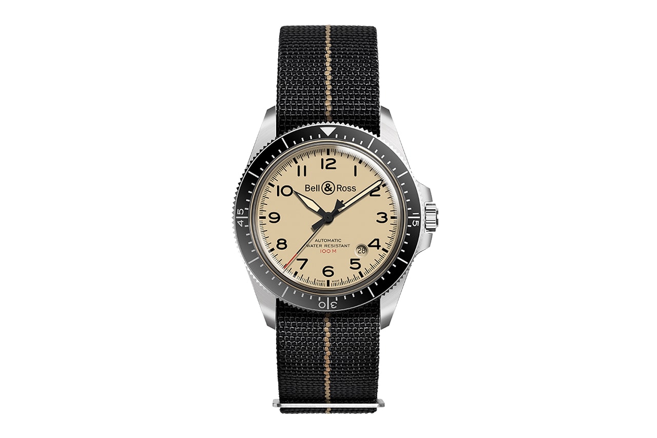 Bell & Ross BR V2-92 Military Beige Vintage Watch Calibre BR-CAL.302 41mm Polished Steel Face Canvas Strap 100m Water Resistance Sapphire Glass Vintage Aviation Inspired Timepiece Classic Design