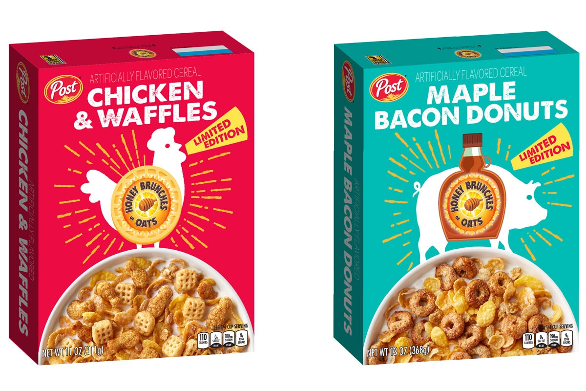 Post Consumer Brand Honey Bunches of Oars "Chicken and Waffles" Maple Bacon Donuts Cereal National Cereal Day
