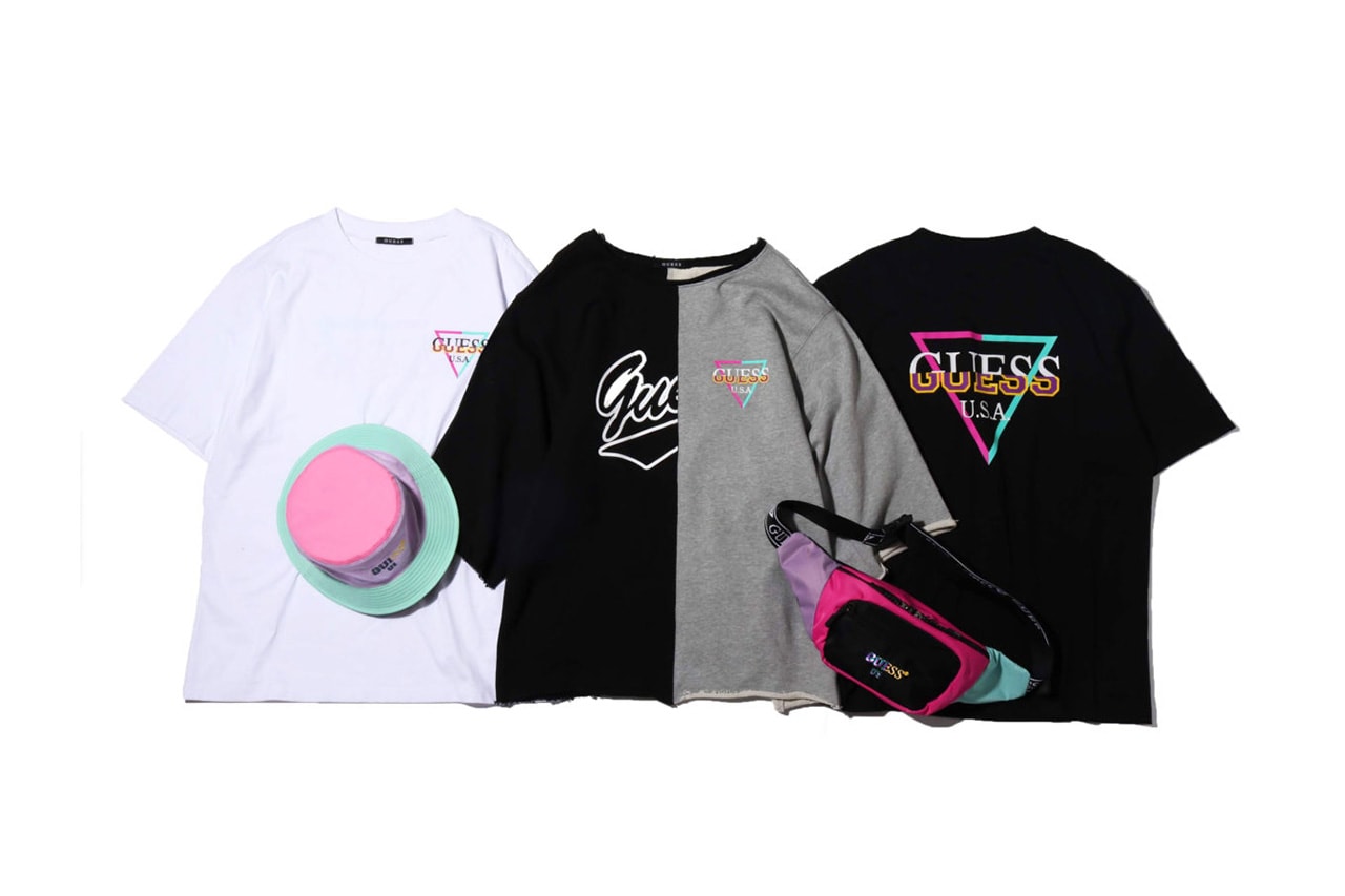 atmos Guess Capsule Collection SS19 Spring Summer 2019 Release Cut and Sew Split T Shirts Multi Logo Vintage Pastel OG Bucket Hat Jersey Sweat Loopack Old School Waist Bum Bag 