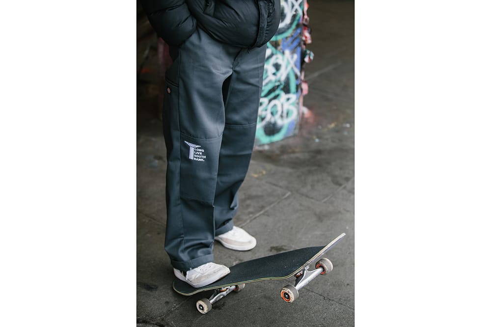 LLSB Long Live Southbank Dickies Double Knee Skate Pants Trousers Grey Branding Logo Slogan Charity Workwear Streetwear Construction Soho Radio Drop Release Information