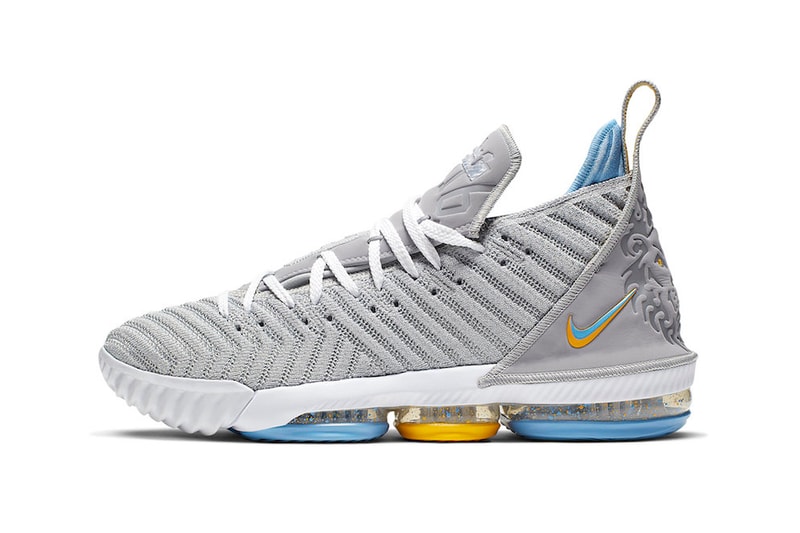 Nike LeBron 16 MPLS James Basketball Shoe Sneaker Wolf Grey White University Blue CK4765-001 Minneapolis Lakers Los Angeles LA Heritage Colorway Gold Trim