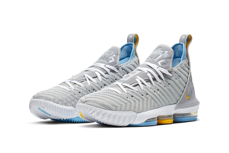Nike LeBron 16 MPLS James Basketball Shoe Sneaker Wolf Grey White University Blue CK4765-001 Minneapolis Lakers Los Angeles LA Heritage Colorway Gold Trim