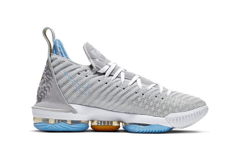 Nike LeBron 16 MPLS James Basketball Shoe Sneaker Wolf Grey White University Blue CK4765-001 Minneapolis Lakers Los Angeles LA Heritage Colorway Gold Trim
