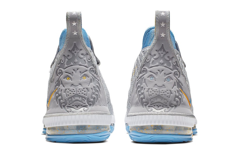 Nike LeBron 16 MPLS James Basketball Shoe Sneaker Wolf Grey White University Blue CK4765-001 Minneapolis Lakers Los Angeles LA Heritage Colorway Gold Trim