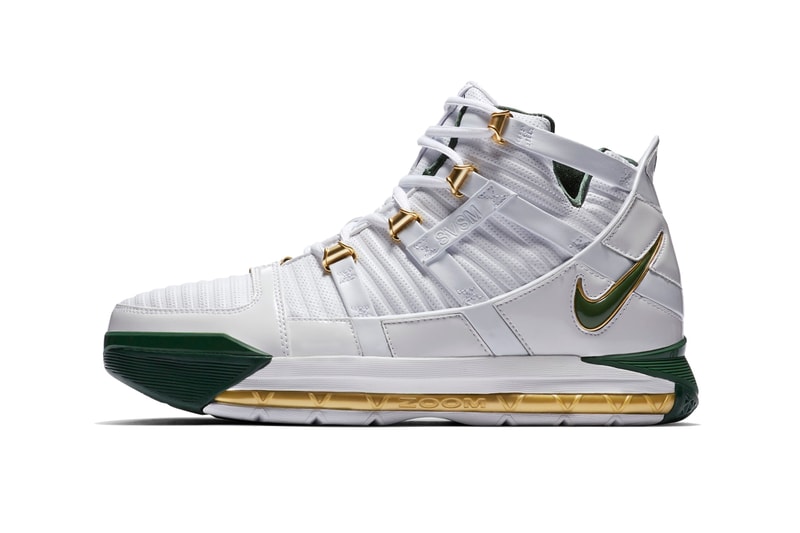 nike zoom lebron 3 svsm 2019 march release information nike basketball footweat lebron james  away green gold white