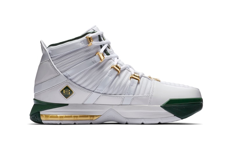 nike zoom lebron 3 svsm 2019 march release information nike basketball footweat lebron james  away green gold white