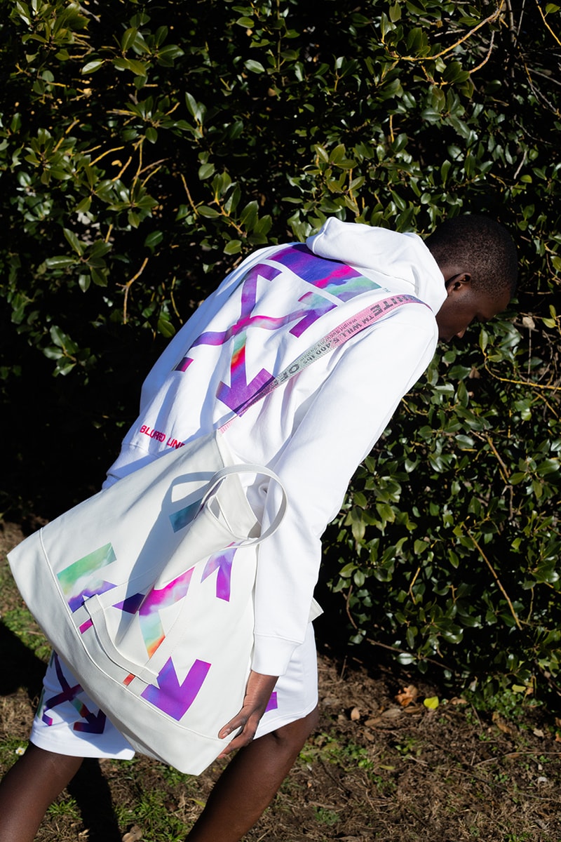 OFF-WHITE c/o Virgil Abloh™ Jakarta Exclusive Capsule Collection Trippy Swirling Rainbow Pattern Blurred Lines Flagship Drop Hoodie T Shirt Utility Belt Holdall Carry On Hand Bag Tracksuit Bottoms Branding X Cross