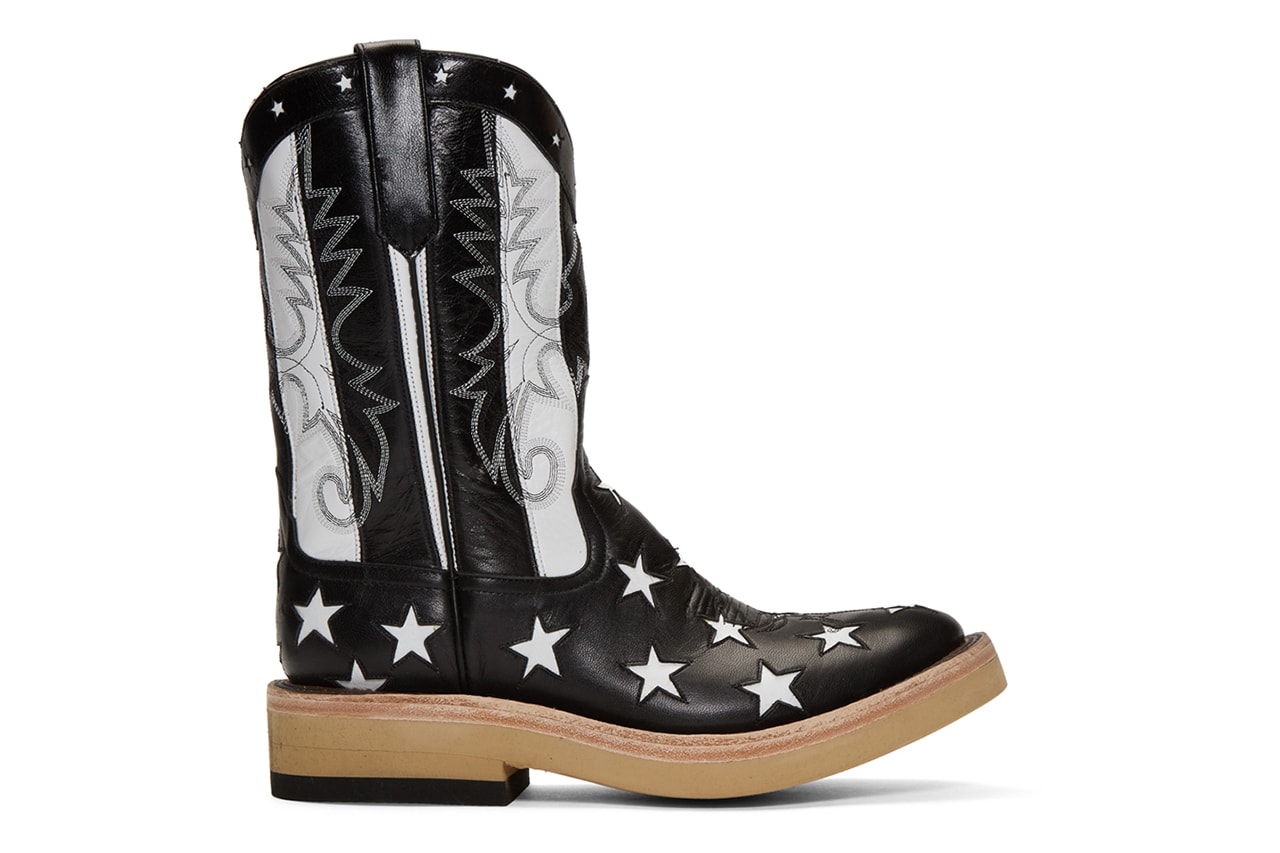 TAKAHIROMIYASHITA TheSoloist. Black Rios of Mercedes Edition Stars and Stripes Boots vegetable-tanned kidskin boots handmade in Texas big zips stars cowboy