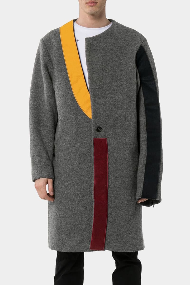 A-COLD-WALL Samuel Ross SS19 Spring Summer 2019 Contrast Panel Coat Asymmetric Geometric Cut Out Wool Construction Slashed Neckline Colorblocked Grey Black Yellow Red Avant-garde Where to Buy Browns Fashion