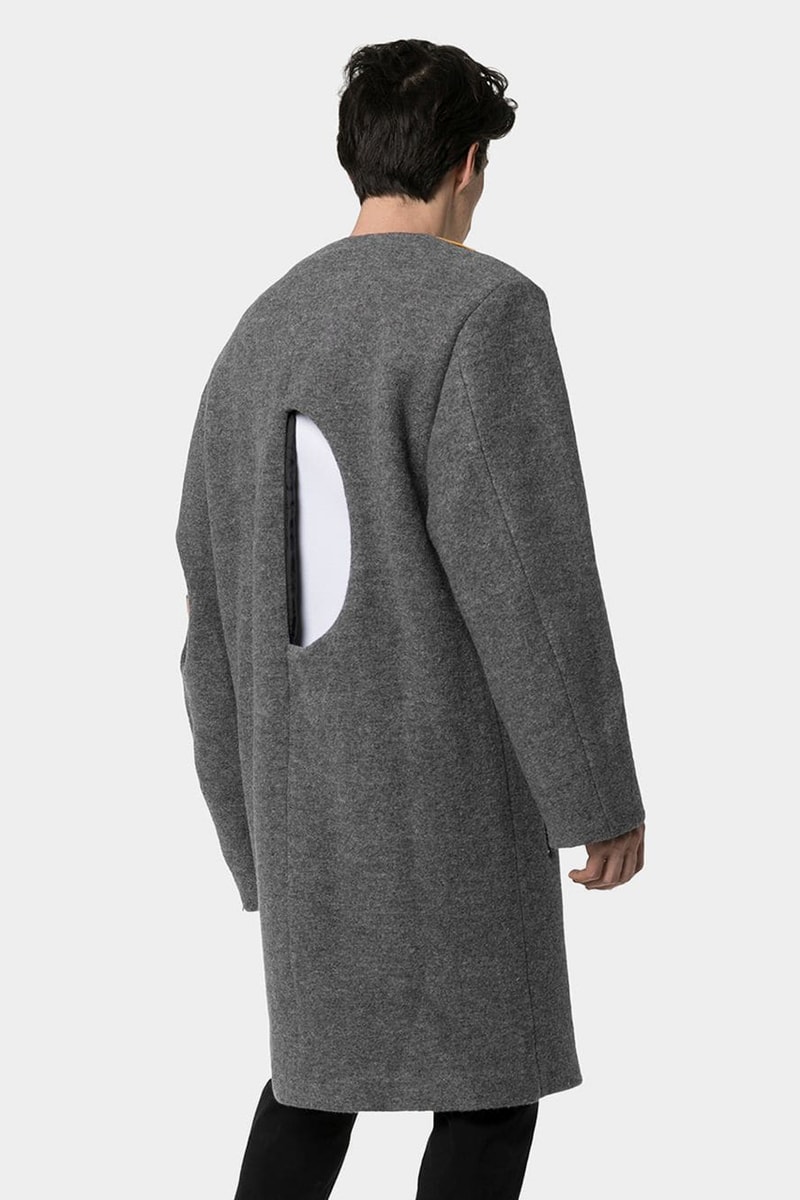 A-COLD-WALL Samuel Ross SS19 Spring Summer 2019 Contrast Panel Coat Asymmetric Geometric Cut Out Wool Construction Slashed Neckline Colorblocked Grey Black Yellow Red Avant-garde Where to Buy Browns Fashion