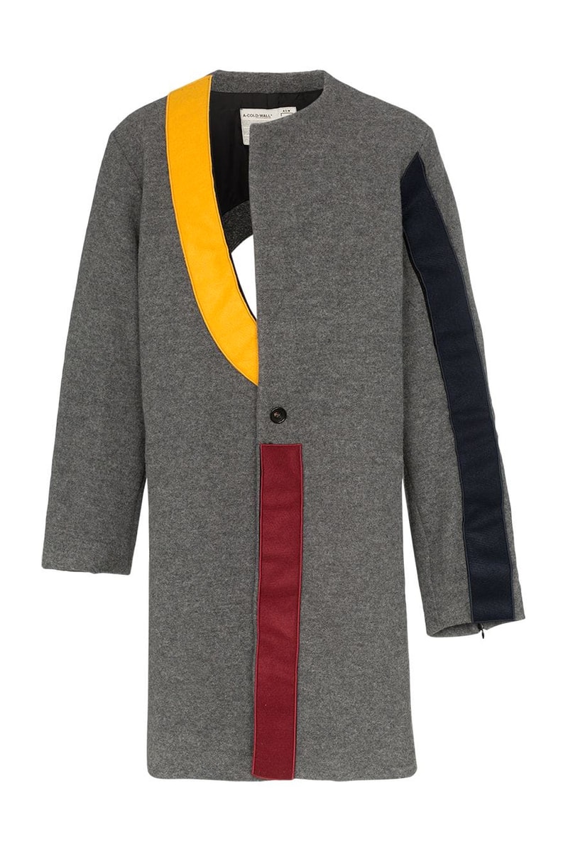 A-COLD-WALL Samuel Ross SS19 Spring Summer 2019 Contrast Panel Coat Asymmetric Geometric Cut Out Wool Construction Slashed Neckline Colorblocked Grey Black Yellow Red Avant-garde Where to Buy Browns Fashion