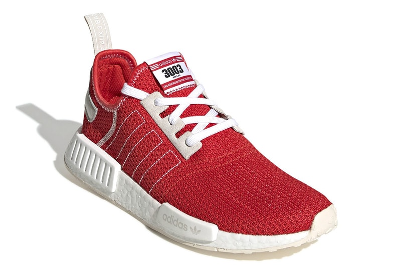 adidas NMD R1 Red 3003 Tab Racing Inspired SS19 Spring Summer 2019 Trefoil Stitched Three Stripes Leather Suede Panelling Cream Sole Plugs BOOST Retro Primeknit Mesh Release Information Drop Date First Look Where to Buy Cop