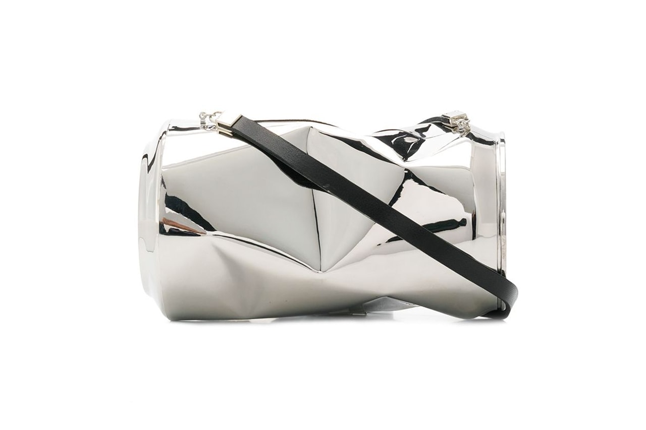 AMBUSH Crushed Can Shoulder Bag Yoon Ahn accessory silver leather 12111493  SC13 SILVER drop date price release info FarFetch Retailer $3118 USD Trash Eclectic Design Art Piece