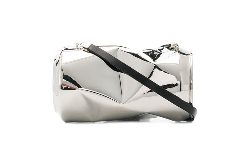 AMBUSH Crushed Can Shoulder Bag Yoon Ahn accessory silver leather 12111493 SC13 SILVER drop date price release info FarFetch Retailer $3118 USD Trash Eclectic Design Art Piece