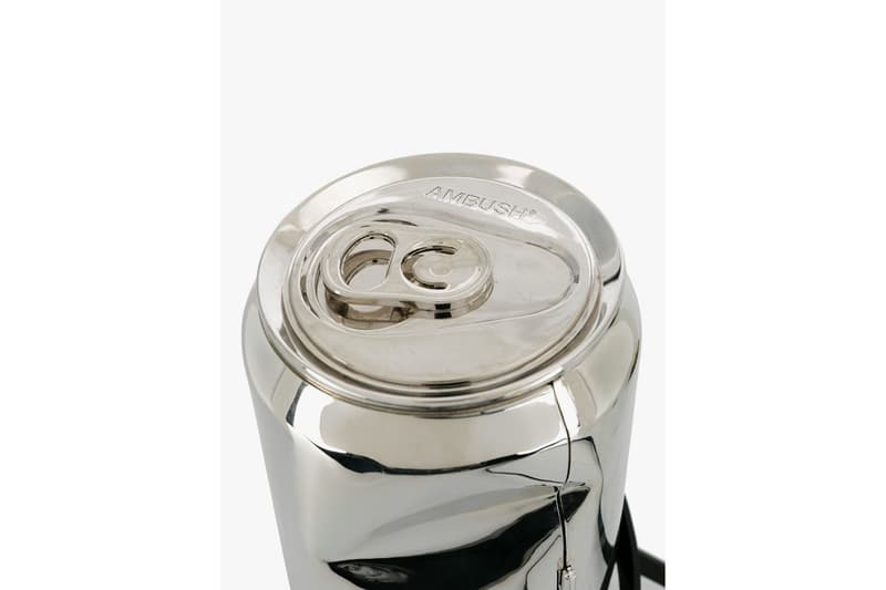 AMBUSH Crushed Can Shoulder Bag Yoon Ahn accessory silver leather 12111493 SC13 SILVER drop date price release info FarFetch Retailer $3118 USD Trash Eclectic Design Art Piece