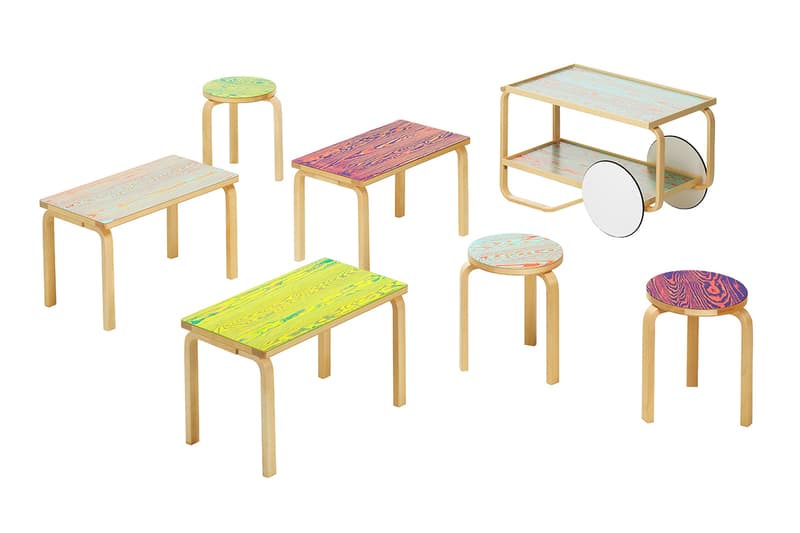 Artek FIN/JPN Friendship Collection Milan Design Week 2019 home interior goods accessories furniture stool book Jo Nagasaka ColoRing COMPANY Secrets of Finland Kirsikankukka pattern Pieces of Aalto Akira Minagawa Koichi Futatsumata Kiulu Bench Stool 60, Bench 153B and Tea Trolley 901