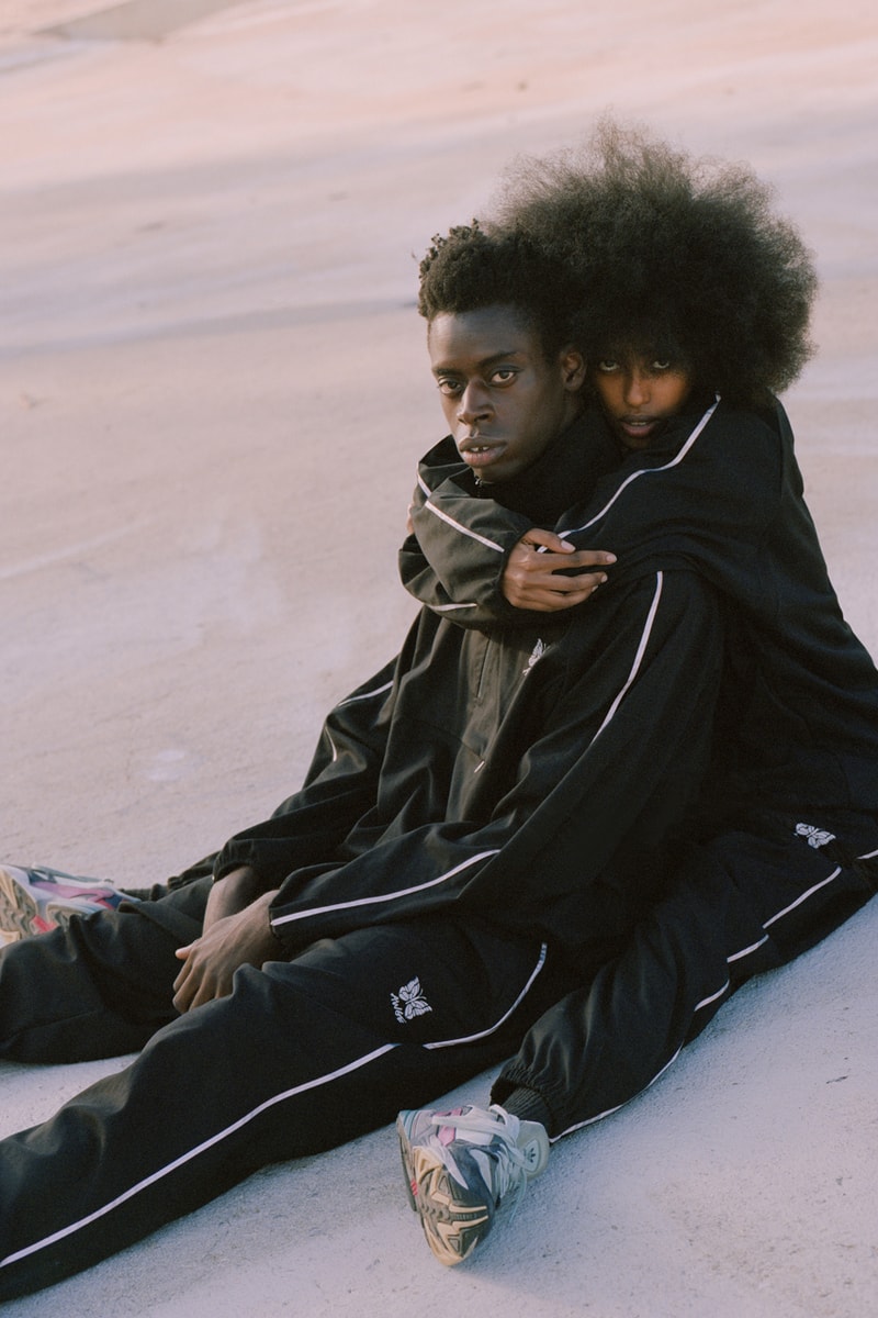 AWGE NEEDLES Spring Summer 2019 Capsule Collection Nepenthes A$AP Rocky Run-up Popover Jacket Side Line Seam Pocket Easy Pants Track Piping Classic Pullover Hoodie String Sweat black pink purple red grey black second