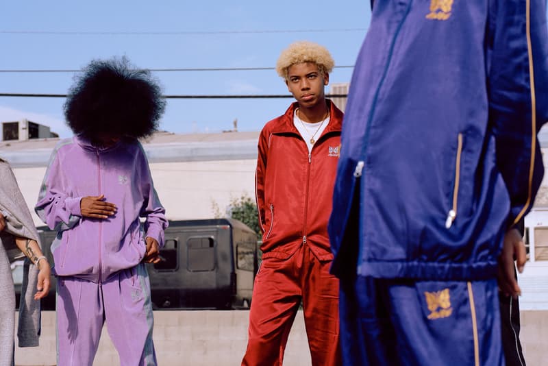 AWGE NEEDLES Spring Summer 2019 Capsule Collection Nepenthes A$AP Rocky Run-up Popover Jacket Side Line Seam Pocket Easy Pants Track Piping Classic Pullover Hoodie String Sweat black pink purple red grey black second