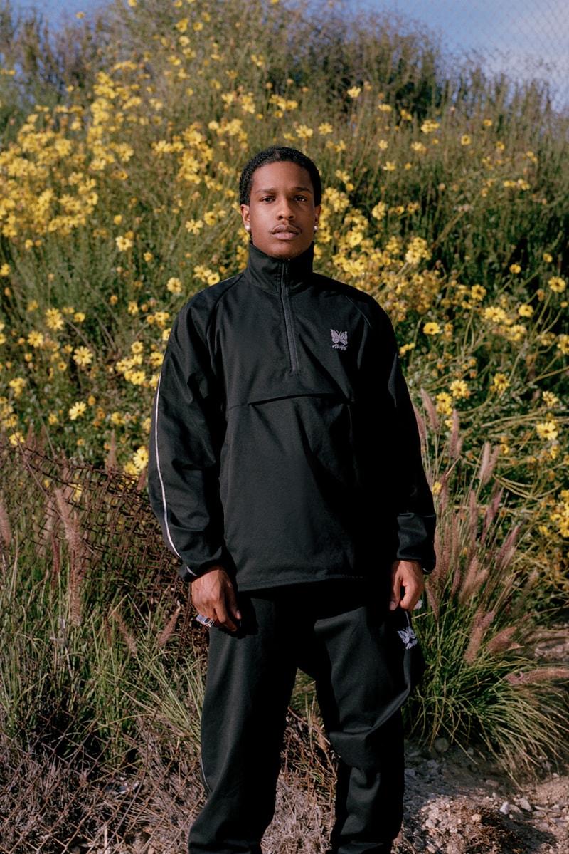 AWGE NEEDLES Spring Summer 2019 Capsule Collection Nepenthes A$AP Rocky Run-up Popover Jacket Side Line Seam Pocket Easy Pants Track Piping Classic Pullover Hoodie String Sweat black pink purple red grey black second