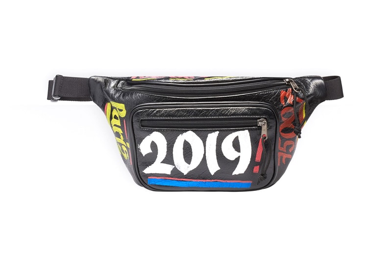 balenciaga spring summer 2019 car tag printed explorer beltpack graffiti design black multicolor leather release 