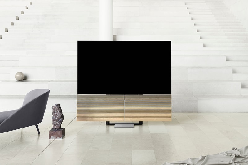 Bang and Olufsen Beovision Harmony LG OLED C9 77” TV Folding Television Design Entertainment Milan Design Week 2019 home décor oak wood aluminium front combined Grey Melange two-tone fabric aluminium
