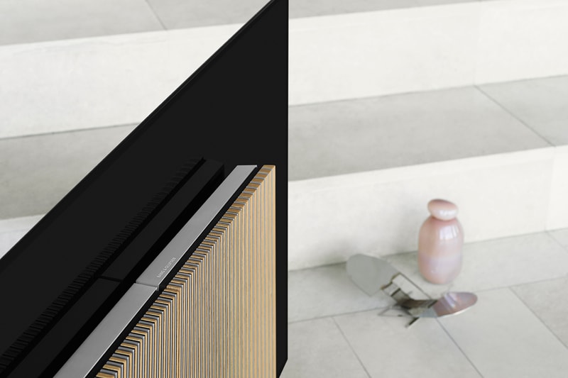 Bang and Olufsen Beovision Harmony LG OLED C9 77” TV Folding Television Design Entertainment Milan Design Week 2019 home décor oak wood aluminium front combined Grey Melange two-tone fabric aluminium
