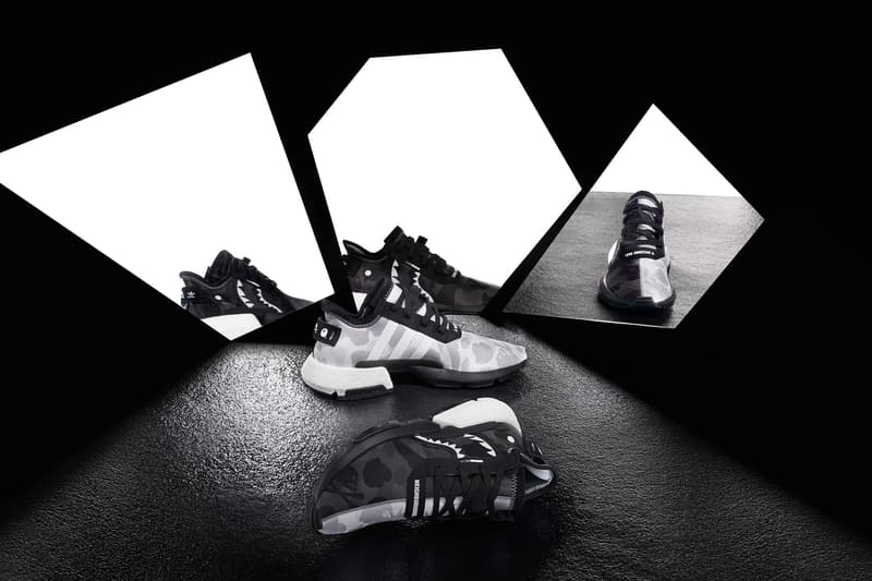 BAPE x NEIGHBORHOOD x adidas Originals NHBAPE POD S-3.1 & NMD STLT Wider Release a bathing ape black and white three stripes ape head info