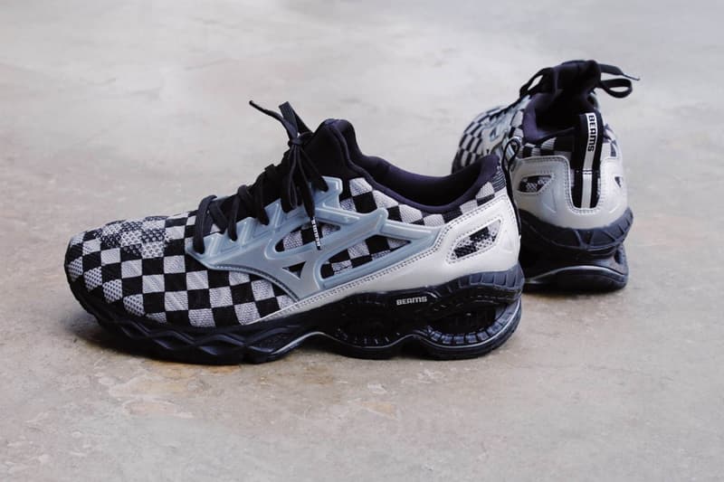 BEAMS Mizuno KAZOKU project Wave Creation Waveknit Checkered Sneaker Release japan brand athletic trainer shoe pattern silver black knit mesh metal bat PU foam infinity waves outsole chunky dad BLK GR SIL  price drop date info