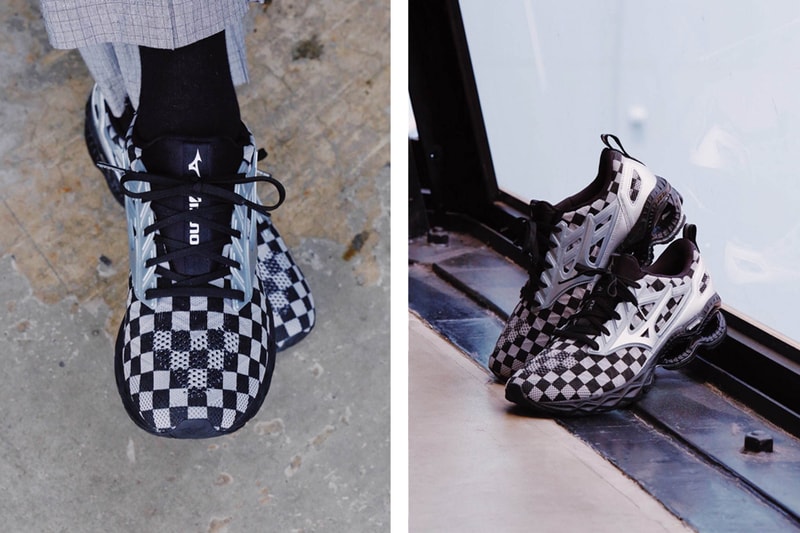 BEAMS Mizuno KAZOKU project Wave Creation Waveknit Checkered Sneaker Release japan brand athletic trainer shoe pattern silver black knit mesh metal bat PU foam infinity waves outsole chunky dad BLK GR SIL  price drop date info