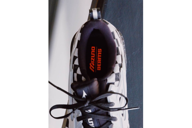 BEAMS Mizuno KAZOKU project Wave Creation Waveknit Checkered Sneaker Release japan brand athletic trainer shoe pattern silver black knit mesh metal bat PU foam infinity waves outsole chunky dad BLK GR SIL  price drop date info