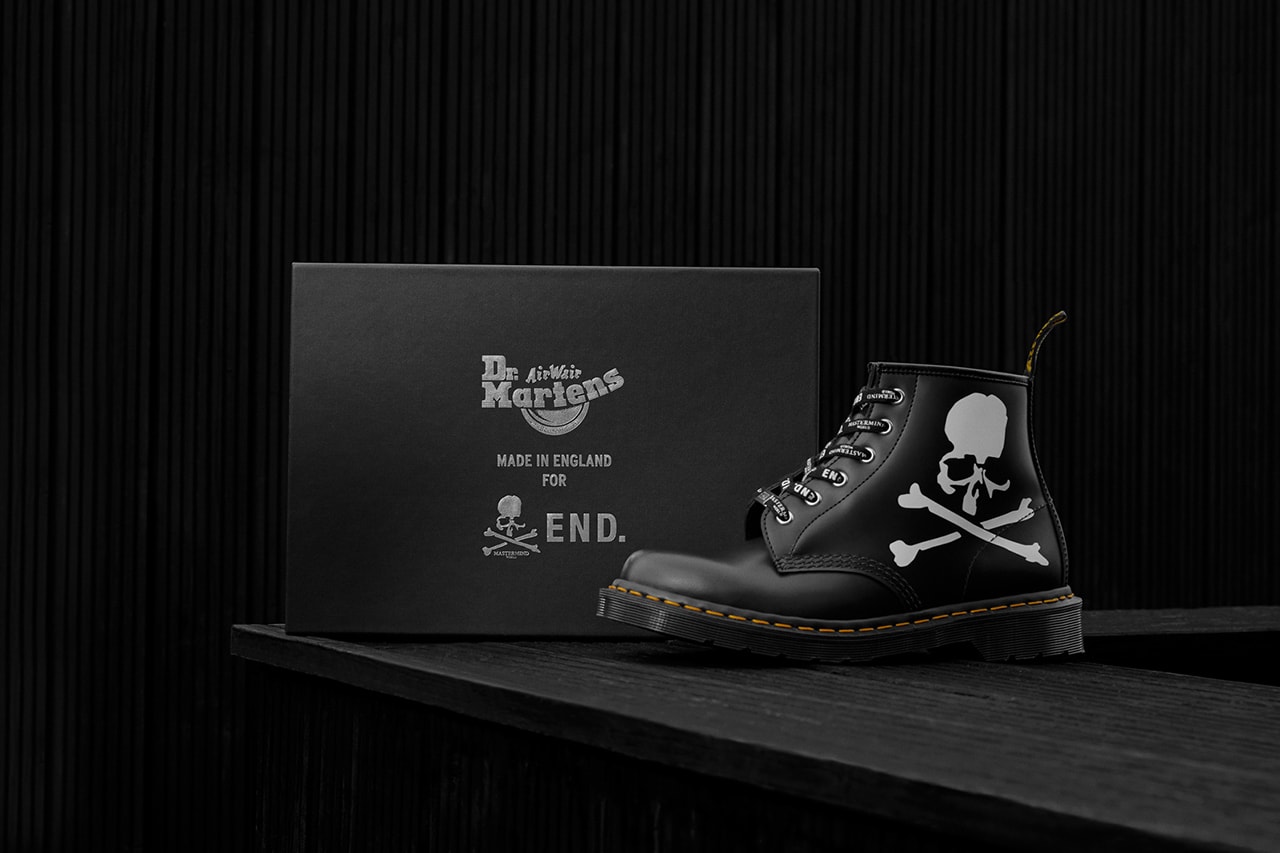 END. x MASTERMIND World x Dr. Martens 101 boots release info leather skull graphic internal side zipper drop raffle date price buy colorway