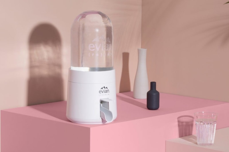 Virgil Abloh Evian Renew Dispenser In Action Watch How it works explainer disposable recyclable plastic sustainability release information pilot project