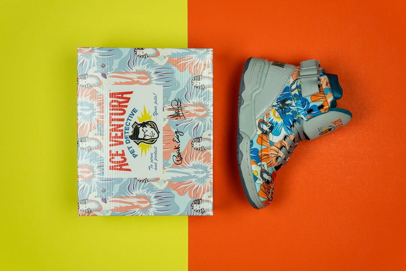 Ewing Athletics 33 HI Mache 275 "Ace Ventura" 25th Anniversary Celebration Collaboration Sneaker Release Information Drop Date Early May Custom Floral Design Jacket Shorts Apparel Capsule 