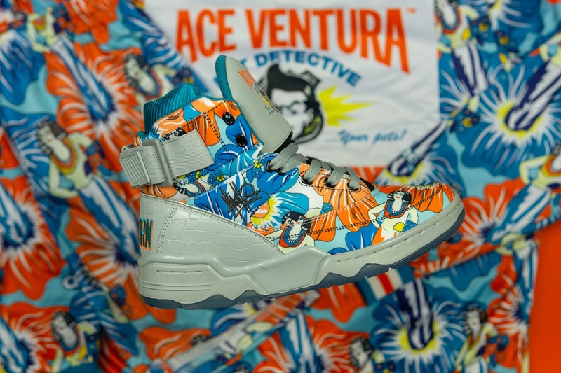 Ewing Athletics 33 HI Mache 275 "Ace Ventura" 25th Anniversary Celebration Collaboration Sneaker Release Information Drop Date Early May Custom Floral Design Jacket Shorts Apparel Capsule 