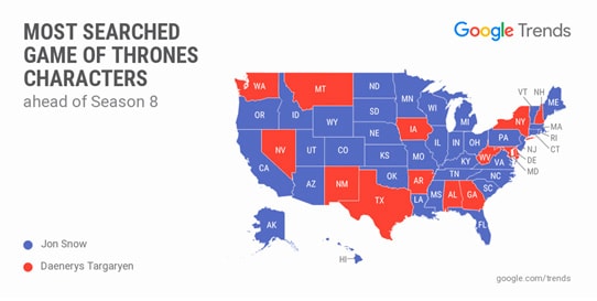 Most Googled Names and Questions From Game of Thrones hbo got jon snow iron throne night king knight's king winterfell sansa dragons google search engine white walkers