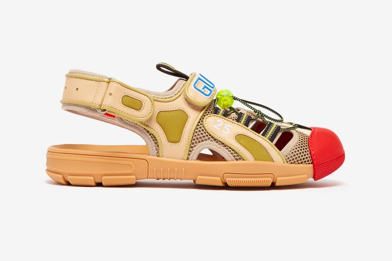 Gucci Leather and Mesh Sandals Release Info Alessandro Michele neoprene rubber drop date price buy now made in italy Beige and white leather, grey mesh, reflective green-shell panels