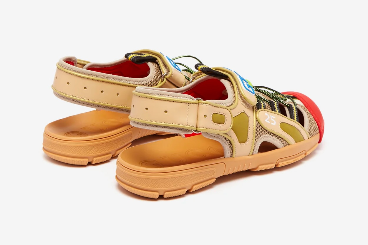 Gucci Leather and Mesh Sandals Release Info Alessandro Michele neoprene rubber drop date price buy now made in italy Beige and white leather, grey mesh, reflective green-shell panels