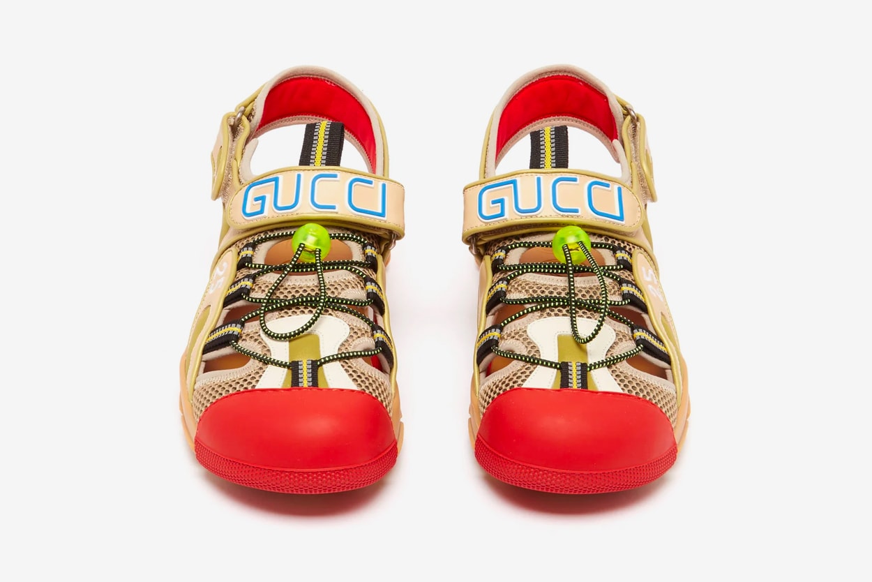 Gucci Leather and Mesh Sandals Release Info Alessandro Michele neoprene rubber drop date price buy now made in italy Beige and white leather, grey mesh, reflective green-shell panels