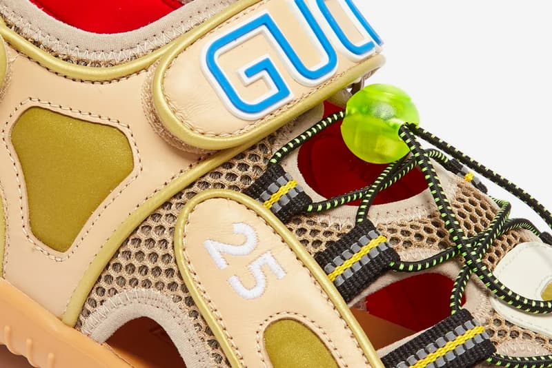 Gucci Leather and Mesh Sandals Release Info Alessandro Michele neoprene rubber drop date price buy now made in italy Beige and white leather, grey mesh, reflective green-shell panels