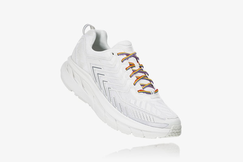 HOKA ONE ONE OV Clifton Outdoor Voices Collaboration Sneaker Release Drop Date Cop Now Buy White 5mm Toe Drop Meta-Rocker Cushioned Midsole Tonal Mesh Upper Construction Rainbow Laces