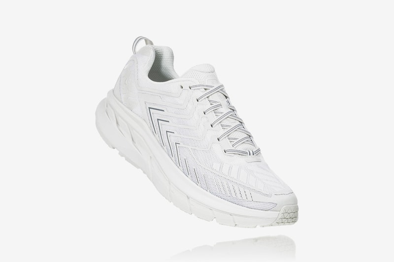 HOKA ONE ONE OV Clifton Outdoor Voices Collaboration Sneaker Release Drop Date Cop Now Buy White 5mm Toe Drop Meta-Rocker Cushioned Midsole Tonal Mesh Upper Construction Rainbow Laces