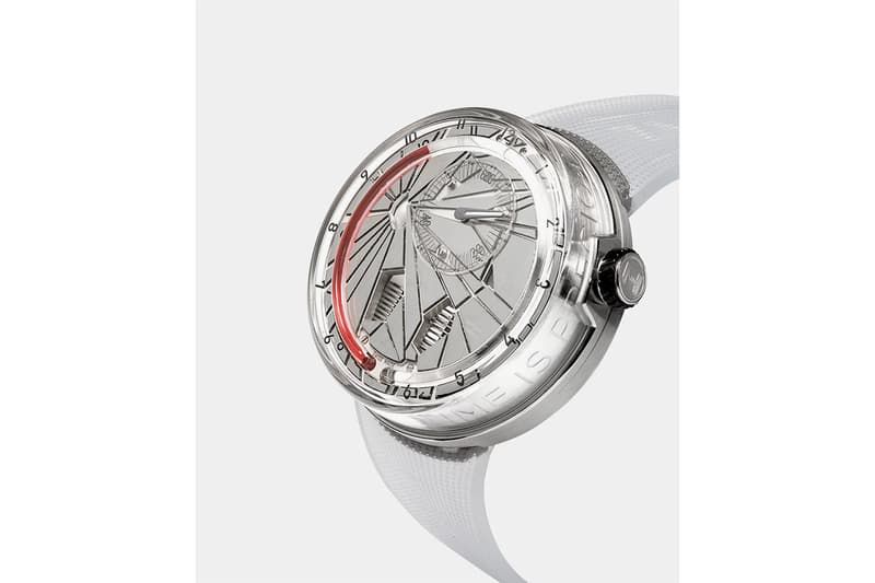 HYT H0 "Time Is Precious" Watch Silver Red sapphire crystal face 30m water resistance mechanical manual-winding movement calibre fragmented monocrystalline dial Super-Luminova index transparent rubber strap titanium buckle $54000 USD Timepiece