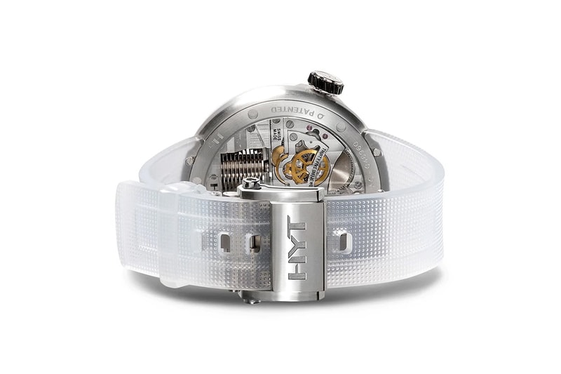 HYT H0 "Time Is Precious" Watch Silver Red sapphire crystal face 30m water resistance mechanical manual-winding movement calibre fragmented monocrystalline dial  Super-Luminova index transparent rubber strap titanium buckle $54000 USD Timepiece