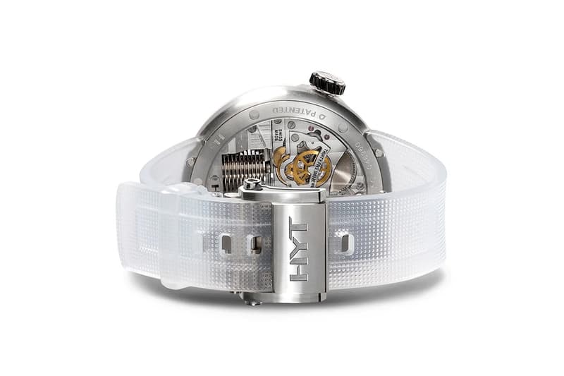 HYT H0 "Time Is Precious" Watch Silver Red sapphire crystal face 30m water resistance mechanical manual-winding movement calibre fragmented monocrystalline dial Super-Luminova index transparent rubber strap titanium buckle $54000 USD Timepiece