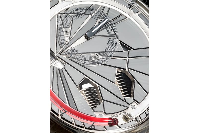 HYT H0 "Time Is Precious" Watch Silver Red sapphire crystal face 30m water resistance mechanical manual-winding movement calibre fragmented monocrystalline dial Super-Luminova index transparent rubber strap titanium buckle $54000 USD Timepiece