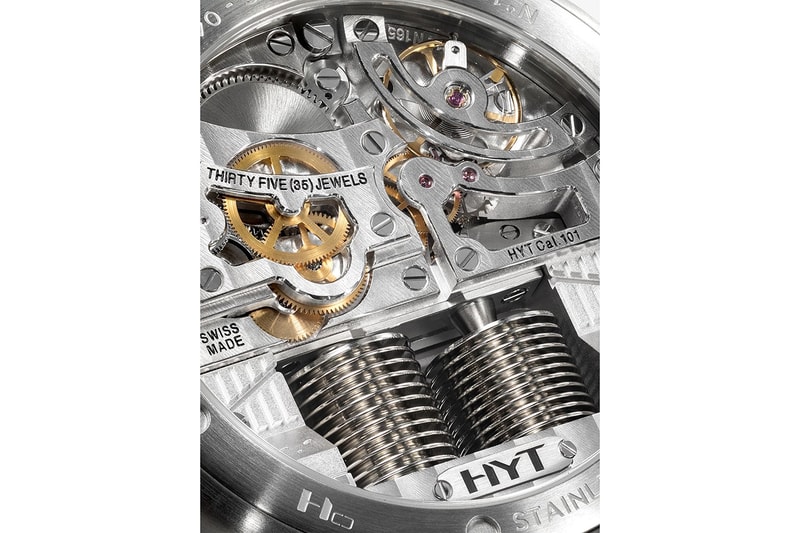 HYT H0 "Time Is Precious" Watch Silver Red sapphire crystal face 30m water resistance mechanical manual-winding movement calibre fragmented monocrystalline dial  Super-Luminova index transparent rubber strap titanium buckle $54000 USD Timepiece