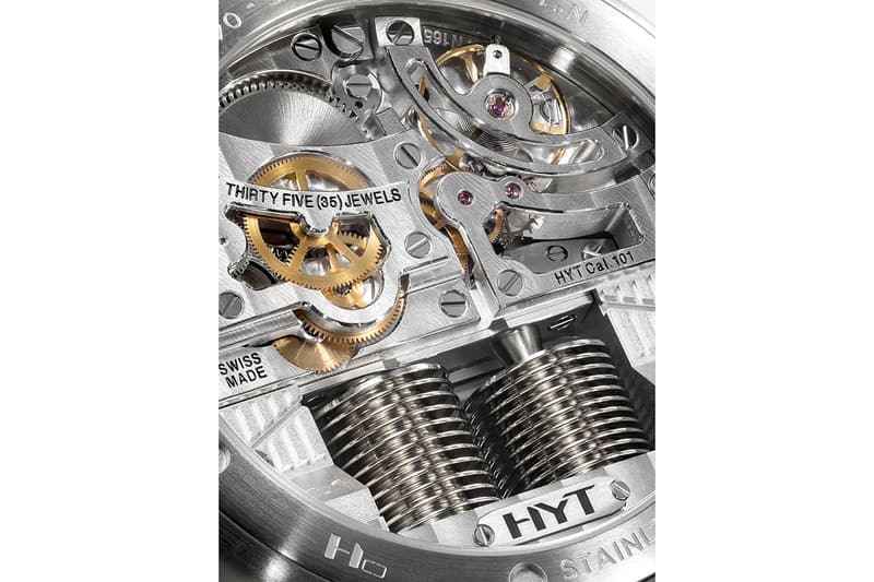 HYT H0 "Time Is Precious" Watch Silver Red sapphire crystal face 30m water resistance mechanical manual-winding movement calibre fragmented monocrystalline dial Super-Luminova index transparent rubber strap titanium buckle $54000 USD Timepiece